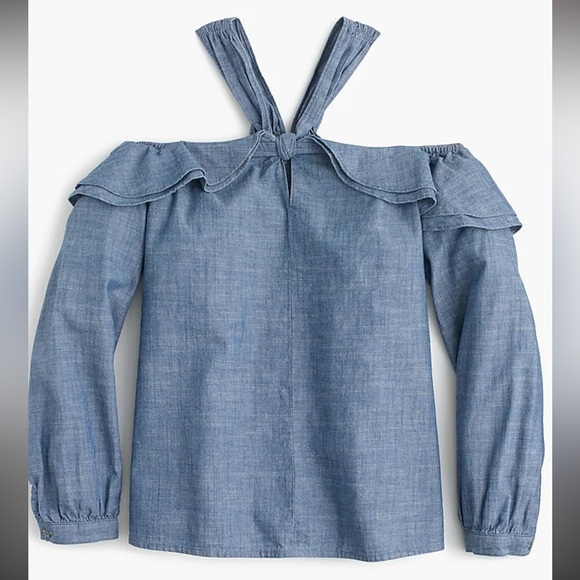 J Crew Off-the-shoulder tie-neck top in chambray - Picture 1 of 4